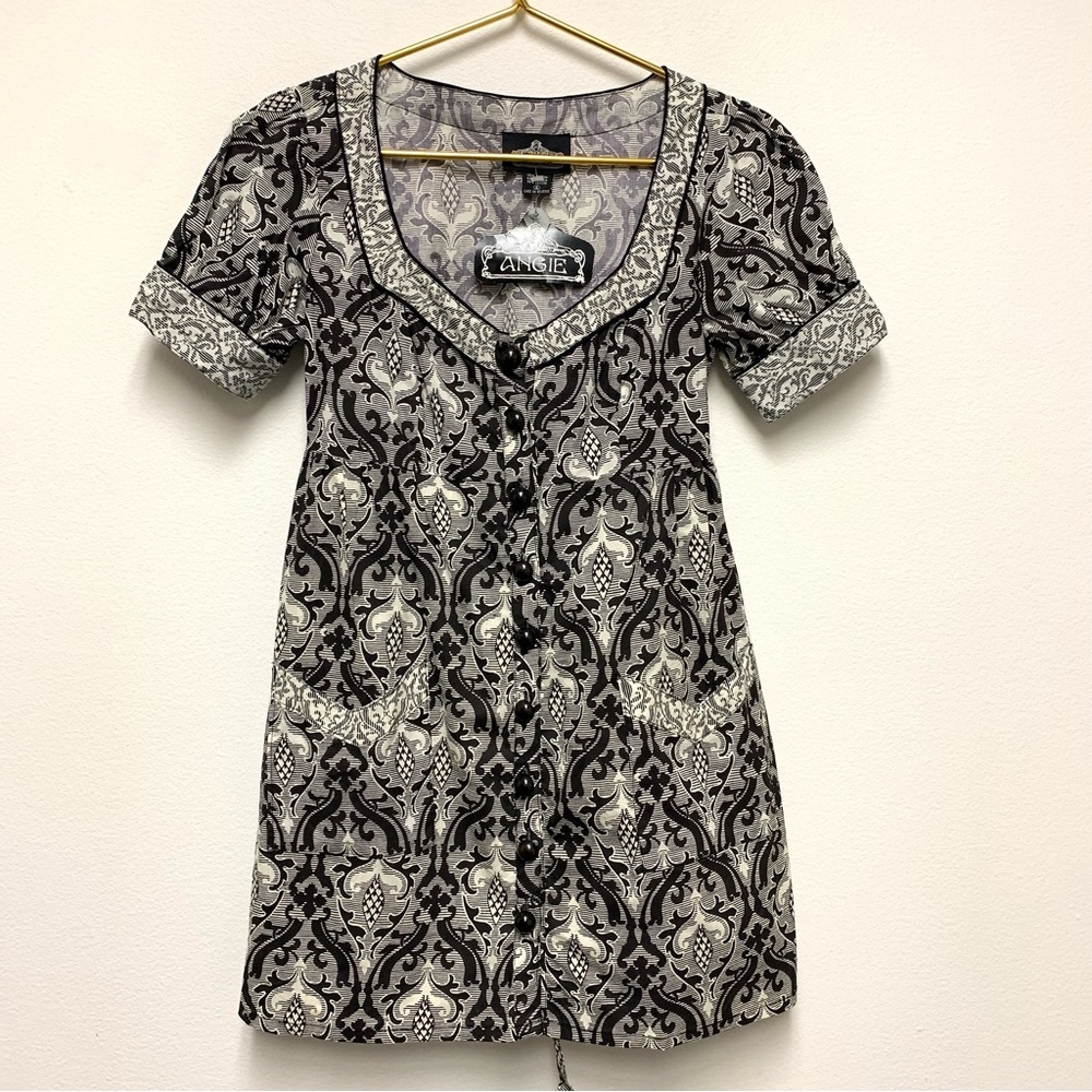 Angie Y2K Babydoll Tunic Top Size Small Black Ivory Tapestry Print Boho‎ Cottage